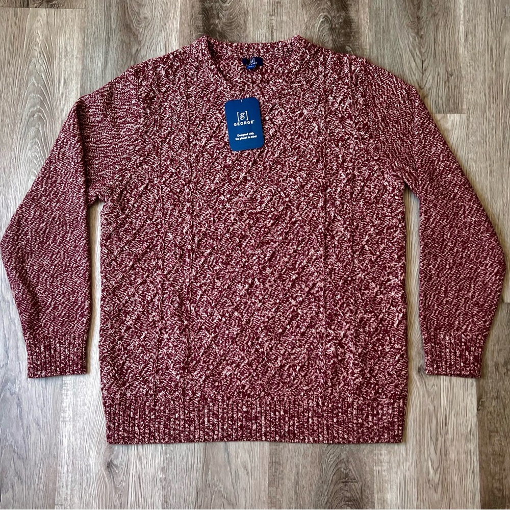 George Men's Heather Wine Cable Knit Sweater Size L - NWT